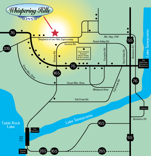 Map to Whispering Hills Inn located in Branson Missouri